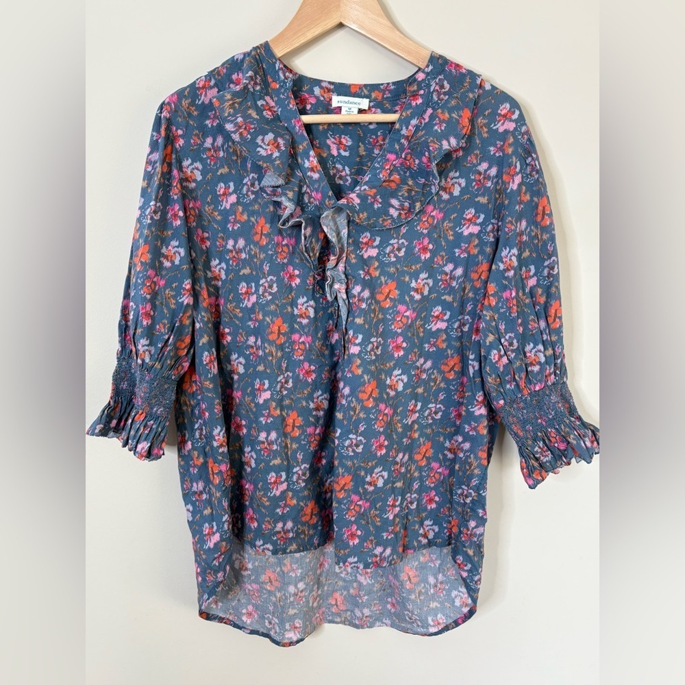 Sundance Floral Ruffle 3/4 Sleeve High-Low Top size Medium
